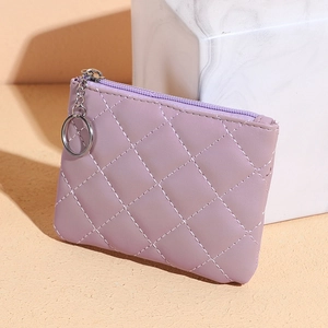 Mini purple quilted PU leather coin purse with zipper and metal keychain ring
