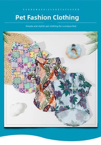 Detailed flat lay of three tropical summer pet shirts with floral and checkered prints