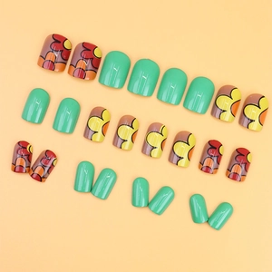 Short square mint green press-on nails with cute colorful floral hand-painted designs