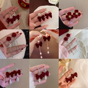 Flocking Bow Flower Artificial Pearl Earrings With 925 Sterling Silver Earring Post Red Velvet Tassel Rhinestone Jewelry For Women