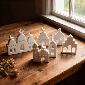 Detailed close-up of white resin castle candle molds with intricate hollow window designs