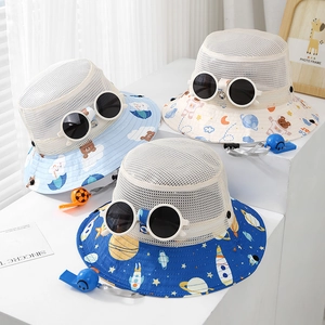 Kids Mesh Bucket Hat Breathable Sun Protection Summer Fisherman Cap With Sunglasses Whistle For Boys Girls Cartoon Space