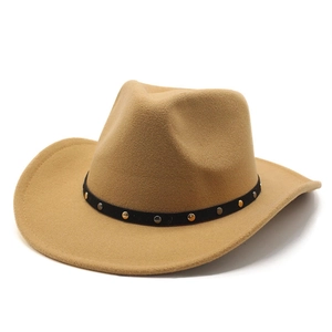 Detail of camel wool felt cowboy hat with black studded band and metallic rivets
