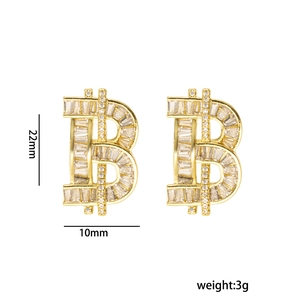 Gold letter B stud earrings with sparkling cubic zirconia, 22mm height and 3g weight
