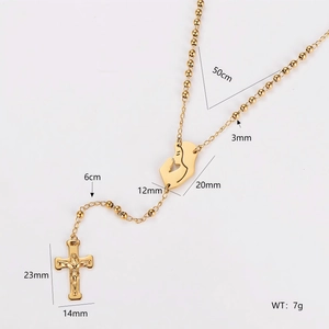 Gold rosary prayer necklace with cross and figure pendant featuring size specifications
