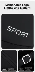 Detail of sport cap featuring white lettering and adjustable metal back buckle strap