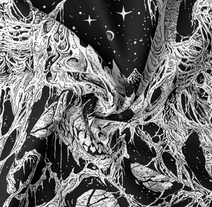 Macro detail of gothic skull and moon pattern on black and white woven tapestry fabric