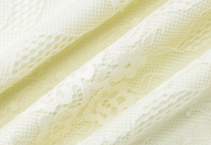 Macro shot of elegant off-white floral lace fabric detailing with soft weave texture