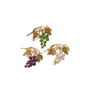 Elegant grape cluster brooches in gold finish with green, purple and pearl beads
