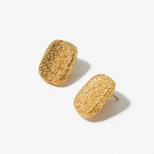 Modern gold rectangular stud earrings with a unique hammered texture finish on white background