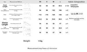 Tableau des tailles détaillé pour veste femme à revers asymétrique et conseils d'entretien