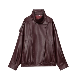 Veste en cuir PU bordeaux foncé pour femme avec col montant et fermeture asymétrique