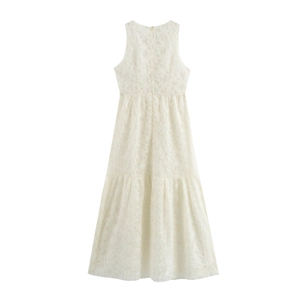 Elegant white lace sleeveless V-neck A-line tiered maxi dress for a graceful look