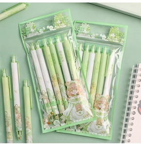 Detail of Matcha Party retractable gel pens featuring cute illustrations and green designs