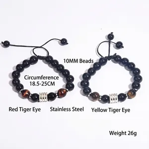 Tiger eye and obsidian beaded bracelet for men with stainless steel accents and 10mm beads