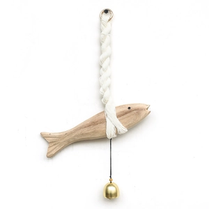 European style carved wooden fish wall hanging with white cotton rope and golden bell