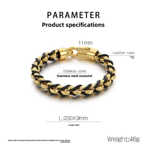 Detailansicht eines geflochtenen Lederarmbands mit goldenem Edelstahl und Maßen