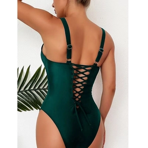 Sexy dark green lace-up one-piece swimsuit with cross-back corset design and adjustable straps