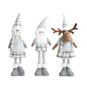Three-piece set of gray and white plush Christmas dolls featuring Santa, Snowman, and Reindeer