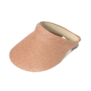 Detail of pink raffia sun hat showing the fine woven texture and open top headband design
