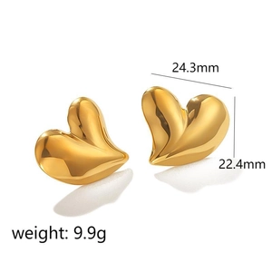 Irregular gold heart stainless steel stud earrings with 24.3mm width and 22.4mm height