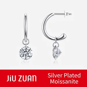 Moissanite Hoop Dangle Earrings Elegant Round Brilliant Cut 925 Sterling Silver Sparkly Jewelry For Women