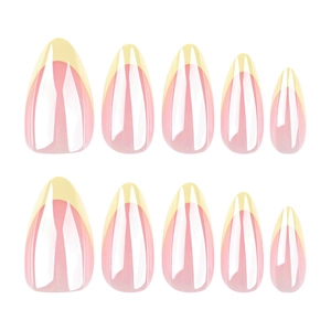 Set de uñas postizas de almendra francesas con base rosa y puntas amarillas