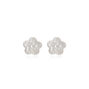 Detailed view of silver flower stud earrings with textured petals on a clean white background