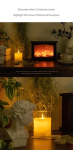 Macro view of fireplace candle lamp with warm orange light for Christmas decor