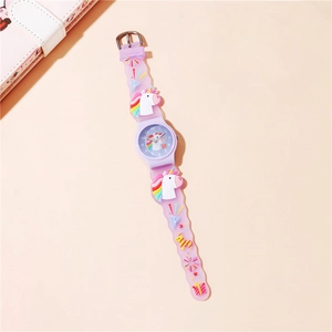 Detail of purple silicone strap with 3D cartoon unicorn and star patterns for kids