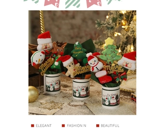 Detailed view of Christmas plush flower bouquets featuring Santa, elk, and snowman motifs