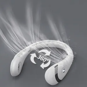 White bladeless neck fan with digital display and 360-degree cooling airflow feature