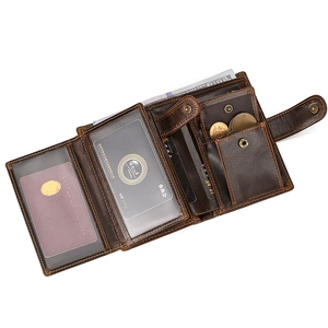 Detailed interior view of a brown tri-fold leather wallet with multi-card slots and coin pocket