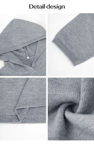 Detailed views of grey knitted hoodie showing hood, cuffs, hem and fabric texture