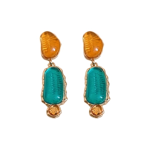 Vintage oval resin earrings in gold finish with orange and turquoise stones