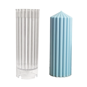 Vertical striped cylindrical candle mold with a pointed top and blue wax candle