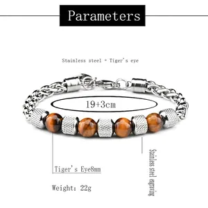 Adjustable tiger eye beaded bracelet for men with stainless steel chain and 8mm beads