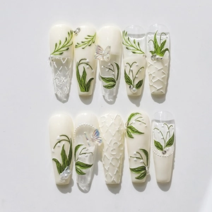 5D Lily of the Valley 3D embossed nail stickers set with floral and pearl accents