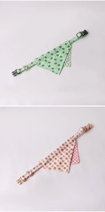 Detailed view of adjustable cotton pet bandanas with green broccoli and mushroom prints