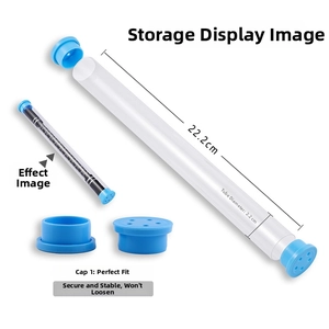 Transparent storage tube for spinning pens with dimensions 22.2cm by 2.2cm blue caps