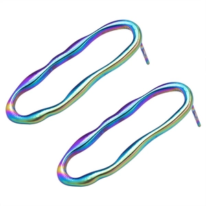 Rainbow plated stainless steel wave oval stud earrings with iridescent metallic finish
