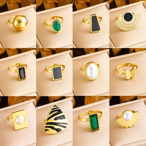 Vintage Geometric Stainless Steel Open Rings Gold Plated Artificial Pearl Faux Gemstone Butterfly Adjustable Fashion Jewelry For Women