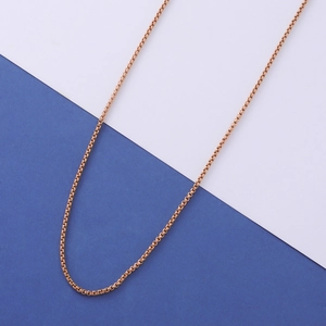 Detailed close-up of rose gold stainless steel box chain with a polished mirror finish