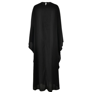 Detailed back view of a loose black satin maxi dress with batwing sleeves and elegant drape