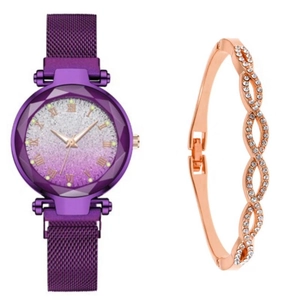 Close-up of starry purple gradient watch face with a rose gold twisted bangle