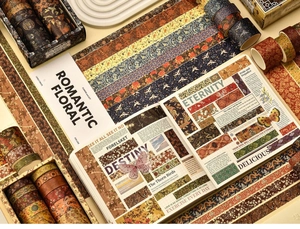 Detail of vintage floral washi tape set for journaling DIY and gift wrapping decor
