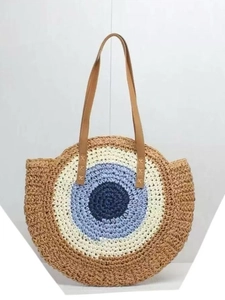 Women Round Woven Straw Shoulder Bag Large Capacity Evil Eye Pattern Beach Vacation Paper Rope PU Leather Strap
