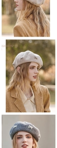 Detailed views of wool beret hat with bow decoration for women in beige and grey