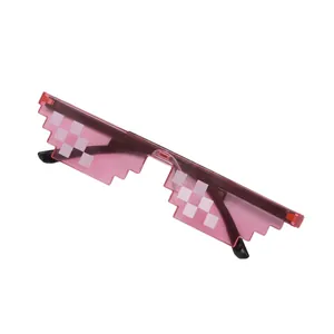 Close-up of translucent pink mosaic pixelated lens and black temples of thug life glasses