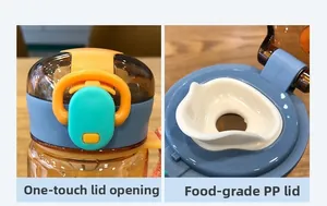 Detail of the one-click lid and food-grade PP spout in blue and yellow colors